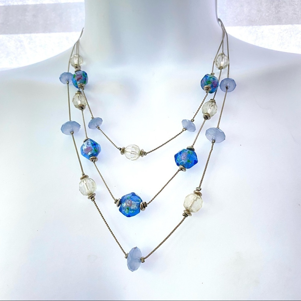 Blue Glass Beads Multistrand Necklace